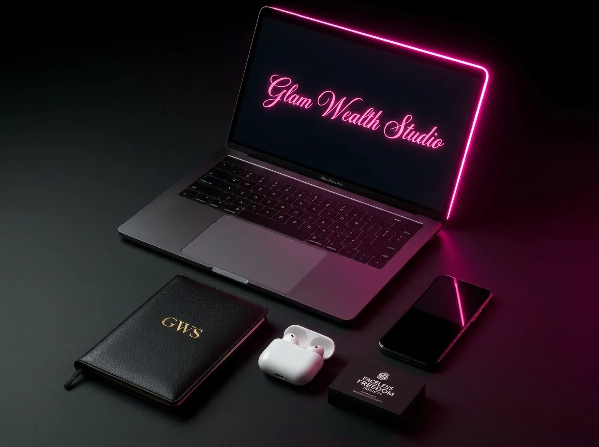 Faceless creator's desk — laptop, phone, AirPods and Faceless Freedom Society notebook